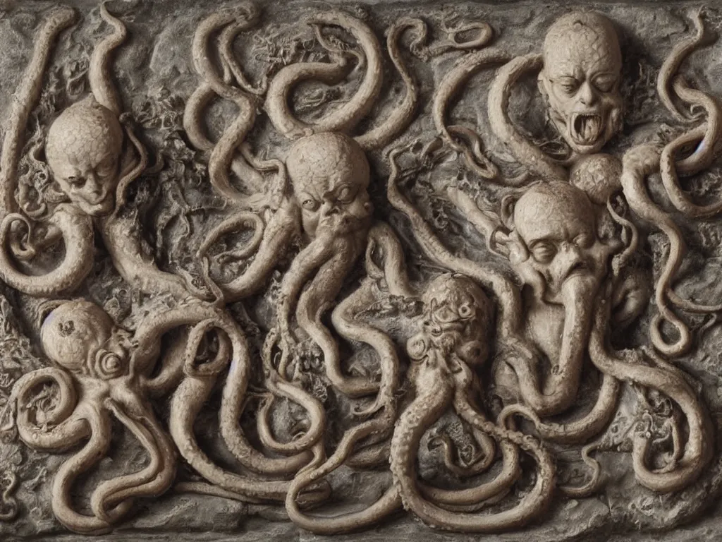 Prompt: twin embryos and octopus with machine gun bas-relief, baroque, highly detailed