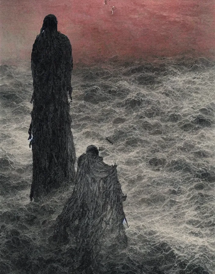 Image similar to worshippers in tattered robes belonging to the cult of the lighthouse standing in waves, a lighthouse, high detailed beksinski painting, part by adrian ghenie and gerhard richter. art by takato yamamoto. masterpiece, dark and moody, deep colours,