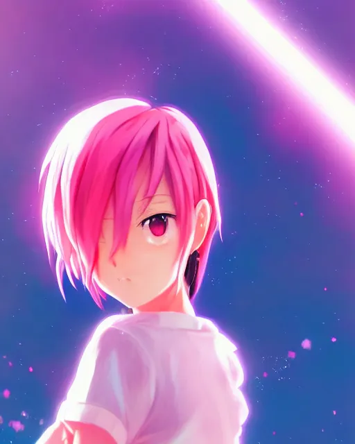 Image similar to anime style, vivid, expressive, full body, 4 k, painting, a cute magical girl with short pink hair, stunning, realistic light and shadow effects, centered, simple background, studio ghibly makoto shinkai yuji yamaguchi