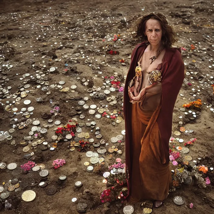 Image similar to portrait of a woman wearing a cloak made of coins and flowers, standing in an apocalyptic wasteland, burnt city, by Annie Leibovitz and Steve McCurry, natural light, detailed face, CANON Eos C300, ƒ1.8, 35mm, 8K, medium-format print