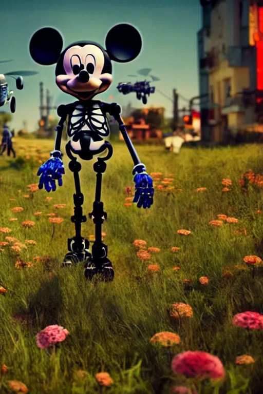 Image similar to a skeletal, mickey mouse made out of flowers and bones, walking with a robot, in the cyberpunk countryside, drones flying by beeple, nychos and arcimboldo, cinematic lighting, highly detailed octane render