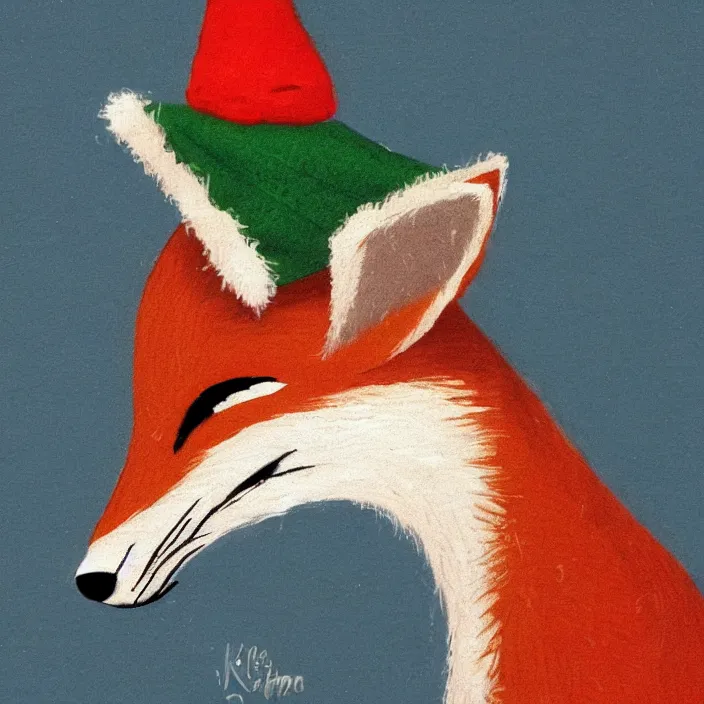 Image similar to a cute fox wearing a christmas hat by koson ohara