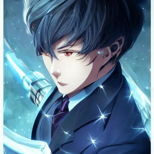 Prompt: semi realistic anime illustration of short slick backed white haired man, wearing dark blue suit, clutching glowing katana in hand, with beautiful hyperdetailed sky blue eyes, facing camera directly, full body shot, full face portrait made by Stanley Artgerm, WLOP, Rossdraws, James Jean Andrei Riabovitchev, Marc Simonetti, Yoshitaka Amano, Artstation