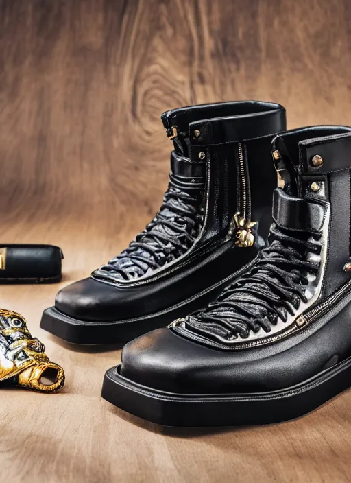 Image similar to hyperrealistic and heavy detailed product photo versace boot of judge dredd, in front of white back drop, whole shoe is in picture, leica sl 2 5 0 mm, vivid color, high quality, high textured, real life