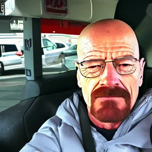 Prompt: Walter White at mcdonalds selfie
