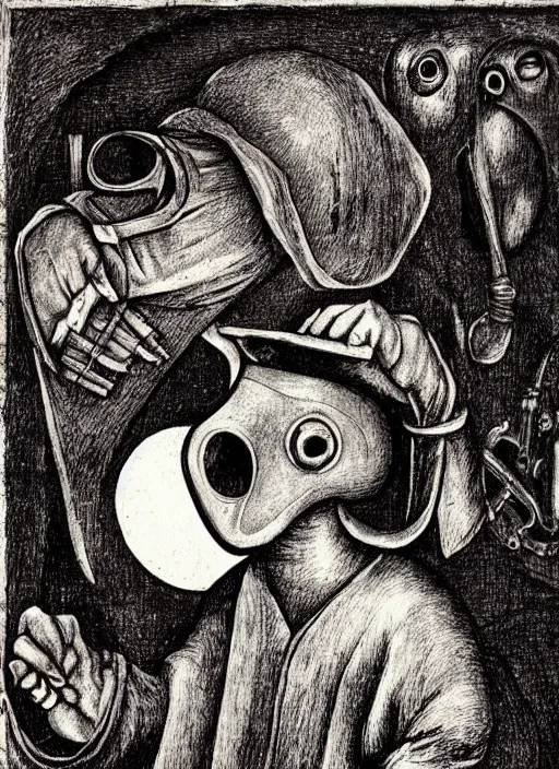 Image similar to plague doctor in the style of Hieronymus Bosch