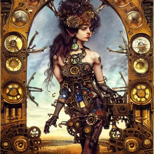 Image similar to A steampunk beautiful goddess, she half human and half android, she is embellished with gears wheels and gemstones, by William Holman Hunt, Greg Rutkowski, Stanely Artgerm, Tooth Wu, Peter Gric, Aaron Horkey, trending on Artstation, digital art, mythological, symmetrical artwork, cinematic lighting, hyper realism, high detail, octane render, ultra realistic, golden ratio, 4k, 8k