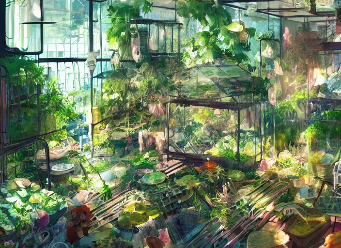 Prompt: messy cozy store with cluttered hanging cages and bright aquariums, dense verdant foliage, dim painterly lighting, impasto, trending on pixiv