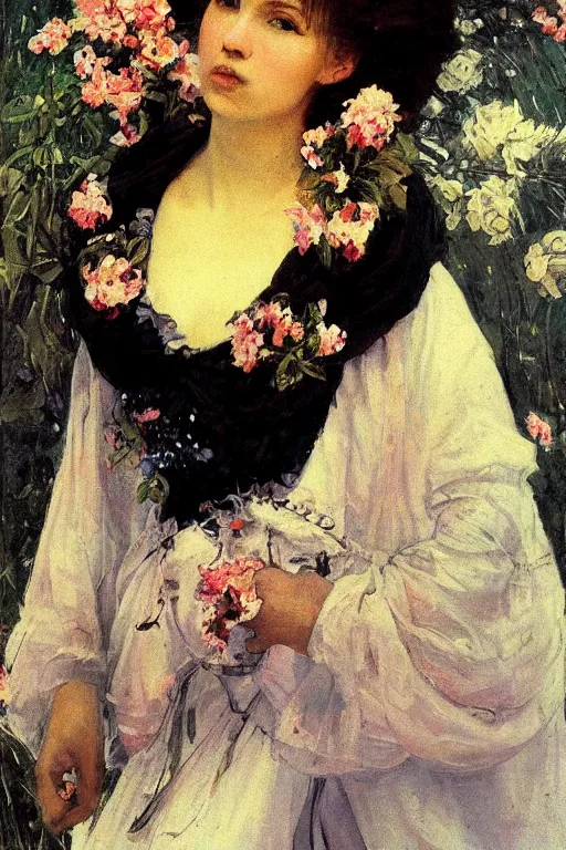 Image similar to close - up fashion black woman portrait airy flowers clouds art by vasnetsov