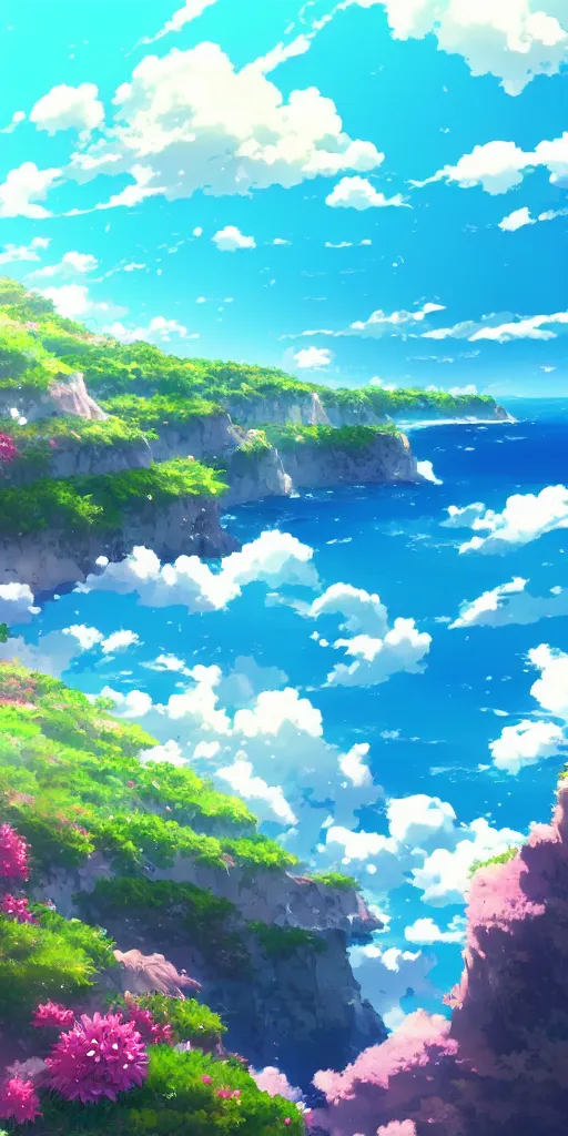 Image similar to A beautiful anime illustration of an ocean coast, cliffs, wildflowers, breathtaking clouds, wide angle, very detailed, deviantart, 4k vertical wallpaper, tropical, colorful, airy, anime illustration, anime nature wallpap