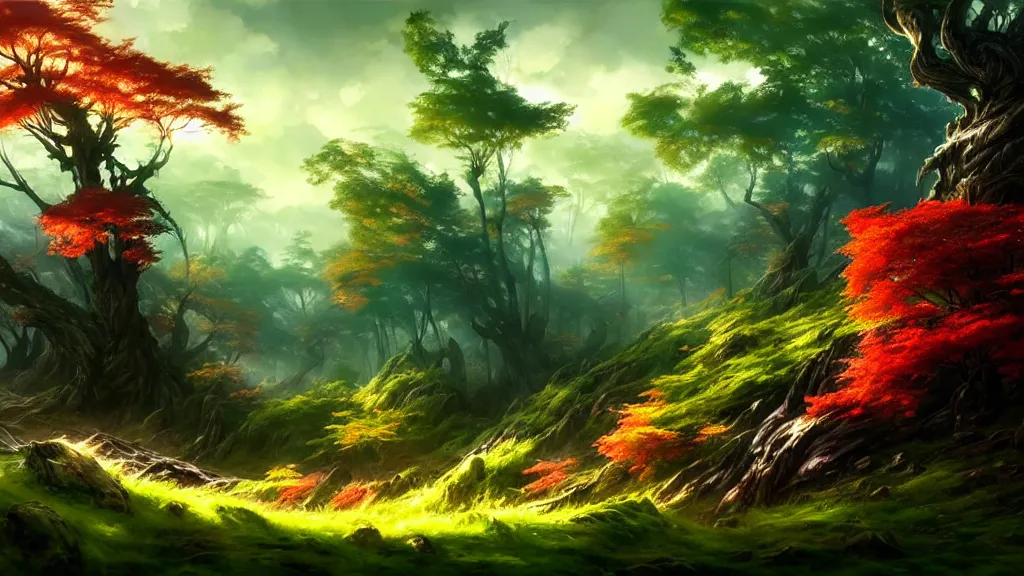 Prompt: forest clearing landscape, bright colors, fantasy, elegant, highly detailed, digital painting, artstation, concept art, smooth, sharp focus, illustration, wide angle, artbook, wallpaper, splash art, promo art, soul calibur, league of legends, art by artgerm and greg rutkowski and bo chen and jin xiaodi