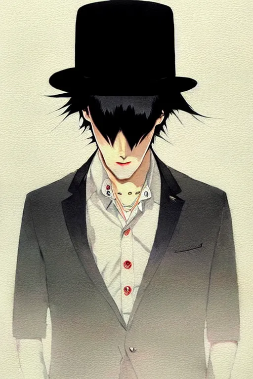 Prompt: a ultradetailed beautiful painting of kiriyama renn wearing a black bowler hat and a suit undershirt, he has black hair with bangs, by conrad roset, greg rutkowski and makoto shinkai trending on artstation