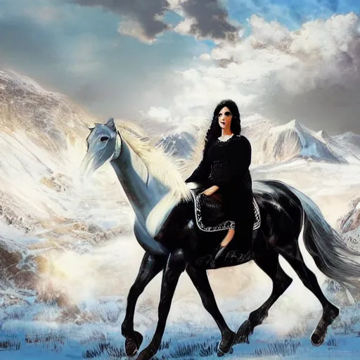 Image similar to full body shot of a beautiful young kurdish woman with beautiful black hair riding a beautiful white horse in the kurdish mountains art by martin ansin, highly detailed, 8 k, high resolution, award winning art, incredibly intricate, beautiful and symmetrical face