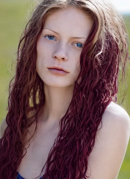 Image similar to close up portrait photograph of a thin young blond woman with russian descent, sunbathed skin, with deep blue eyes. Wavy long maroon colored hair. she looks directly at the camera. Slightly open mouth, face takes up half of the photo. a park visible in the background. 55mm nikon. Intricate. Very detailed 8k texture. Sharp. Cinematic post-processing. Award winning portrait photography. Sharp eyes.