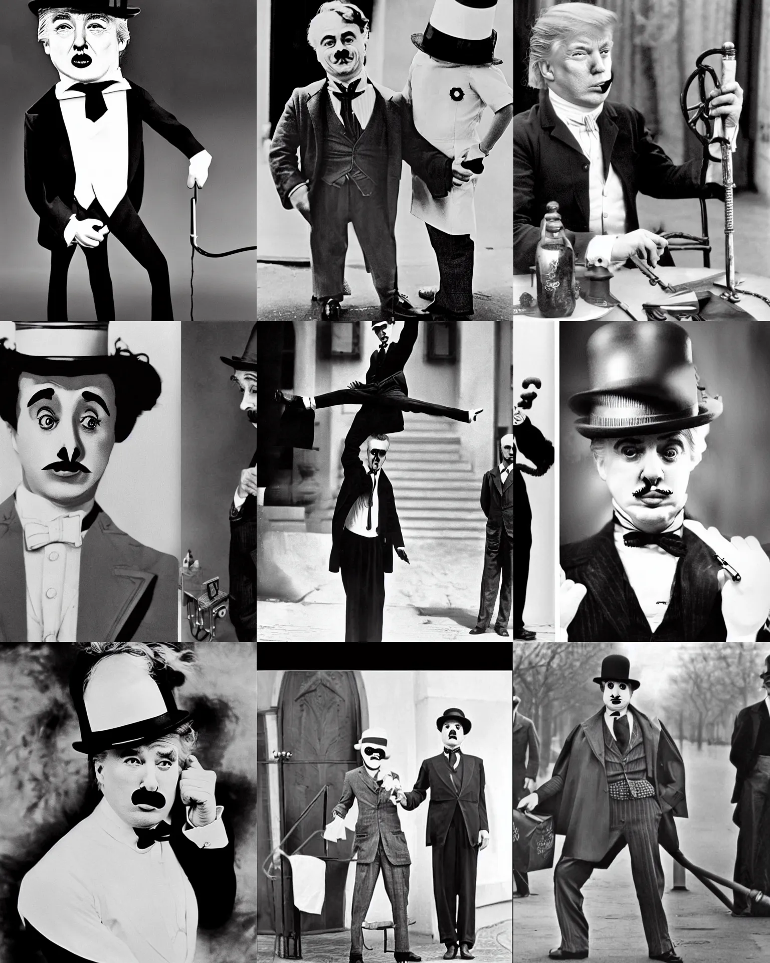 Prompt: donald trump as charlie chaplin in modern times
