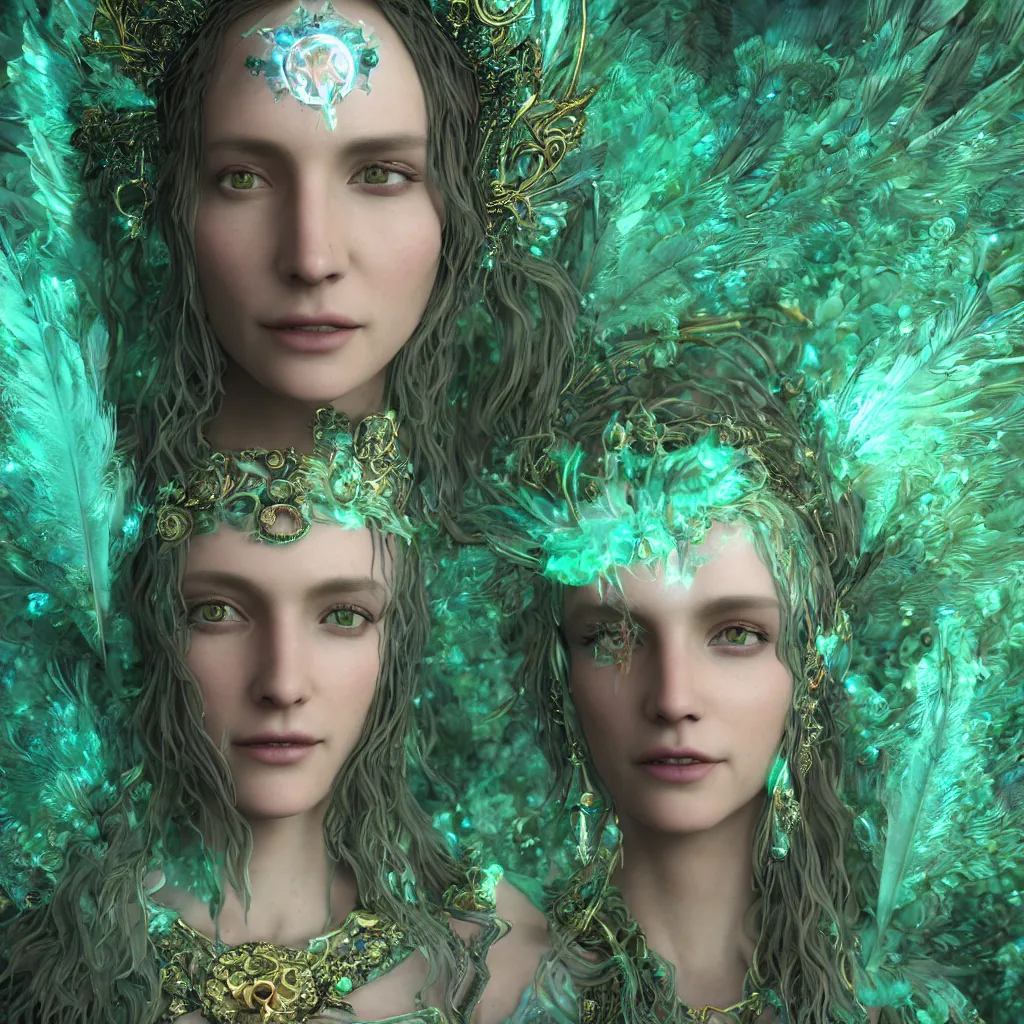 Image similar to wiccan high priestess with angelic face, super fine details and intricate jewelry with feathers and crystals, ethereal, in deep clear emerald water, divine realm of gods, solarpunk realistic cinematic style, filmed in 70mm, volumetric lighting, octane render, photographic, concept art, artist Leonardo DaVinci, unreal engine, 8k