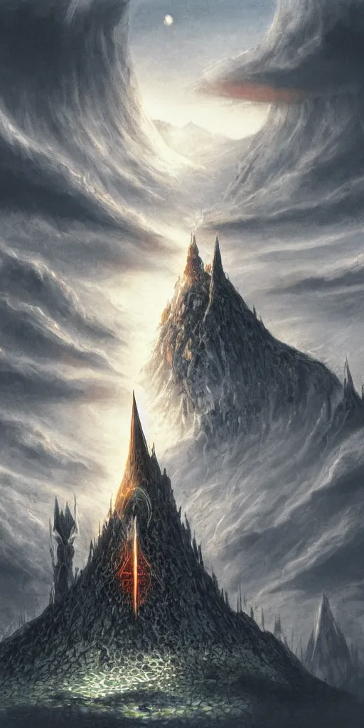 Image similar to an environmental concept art from the lord of the rings, the tower of barad - dur, the eye of sauron rests at it's peak, highly detailed, cinematic, dramatic lighting by francis tneh