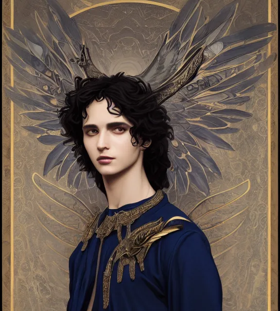 Prompt: portrait of a god of death, young male, in the underworld, elegant dark blue dress, very detailed, throne, very intricate details, jewelry, gold eyes, elaborate long black hairstyle, wings, cinematic, artstation, william bouguereau, alphonse mucha, greg rutkowski, rossdraws, octane render