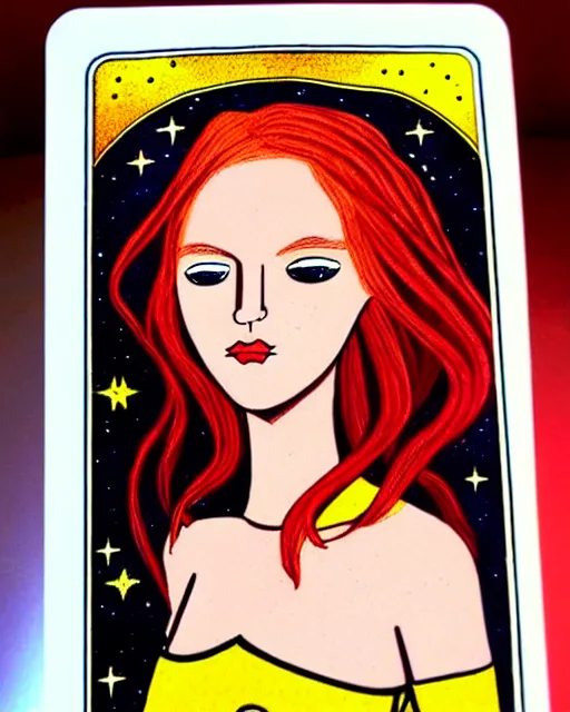 Image similar to tarot card of space astral girl, red hair, ginger hair, fantasy, glowing skin, smooth face, perfect eyes