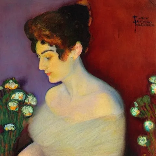 Prompt: a painting of a woman sitting in front of flowers by hermenegildo anglada camarasa, pixiv, impressionism, impressionism, chiaroscuro, pre - raphaelite