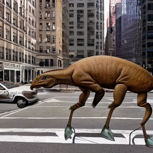 Prompt: realistic photograph of a parasaurolophus in the middle of a busy street new york