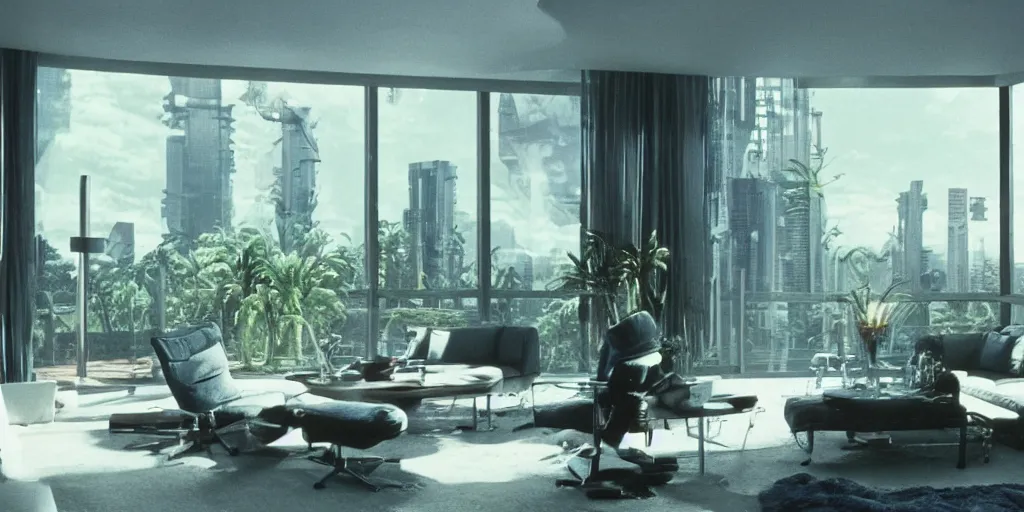 Prompt: a luxury apartment with large windows, 1 9 8 0 s science fiction, windows overlooking an alien blue cactus jungle landscape, sci - fi film still, screenshot from a science fiction movie, ridley scott,