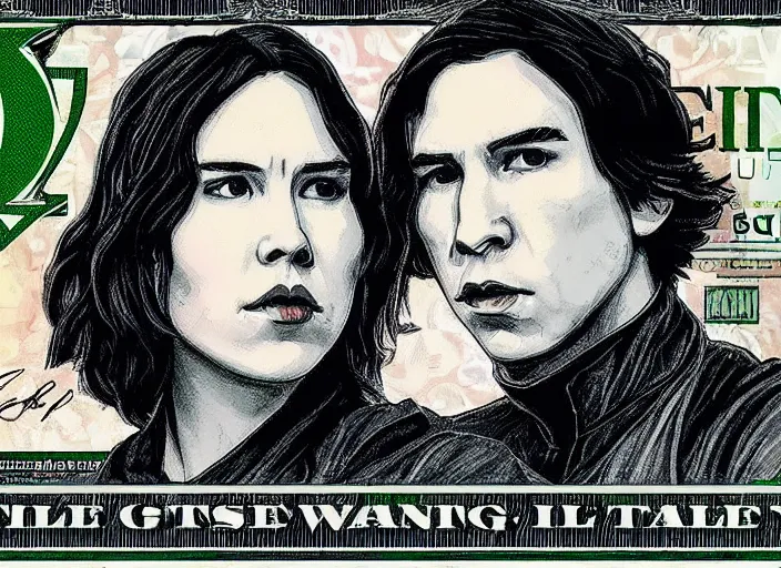 Prompt: reylo kissing, green american dollar bill!!!, rey and kylo ren