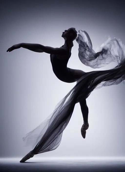 Image similar to a Photorealistic dramatic hyperrealistic render of a beautiful Female smoke dancer by Ken Brower and Deborah Ory of NYC Dance project,Lois Greenfield,Flowing cloth and smoke,Beautiful dynamic dramatic dark moody lighting,volumetric,shadows,cinematic atmosphere,Octane render,8K