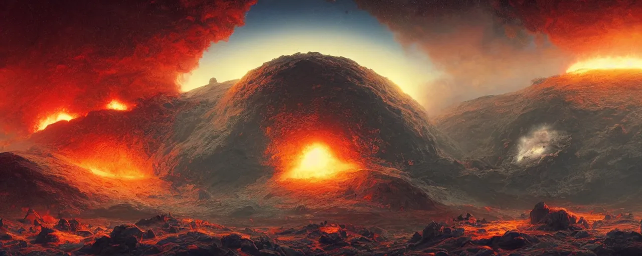 Prompt: ” outer planet with erupting volcanoes, [ art by paul lehr, cinematic, detailed, epic, widescreen, opening, establishing, mattepainting, photorealistic, realistic textures, octane render ] ”