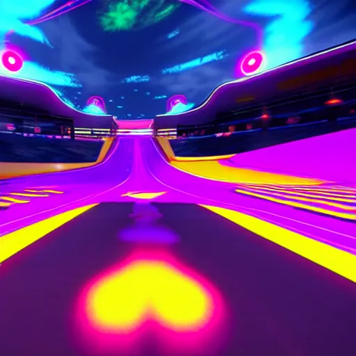 Prompt: a psychedelic racing track in unreal engine, very high detailed, in a game, cinematic view