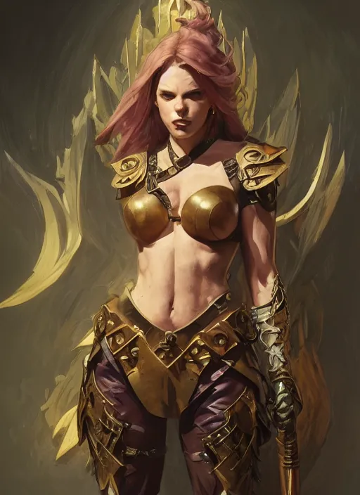 Image similar to portrait of a full body of beautiful female warhammer, d & d, fantasy, arcane, flat lighting, intricate, muscular, highly detailed, digital painting, artstation, concept art, smooth, sharp focus, illustration, art by simon bisley and greg rutkowski and alphonse mucha, natural tpose