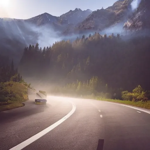 Prompt: very creative livery on big commercial bus on misty highway scene, the sun shining through the moutains