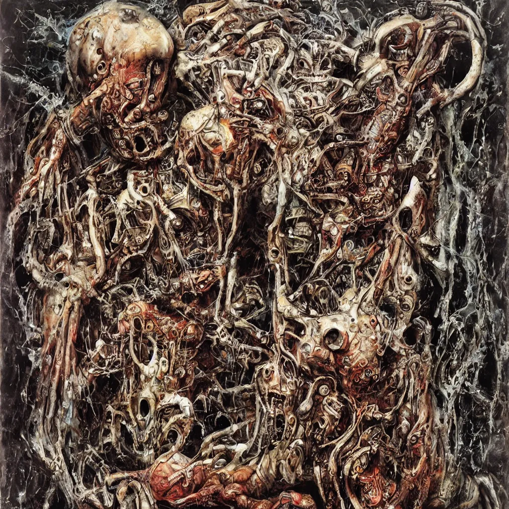 Image similar to Moloch full body shot, hyper-realistic oil painting, Body horror, biopunk, by Ralph Steadman, Francis Bacon, Hunter S Thompson