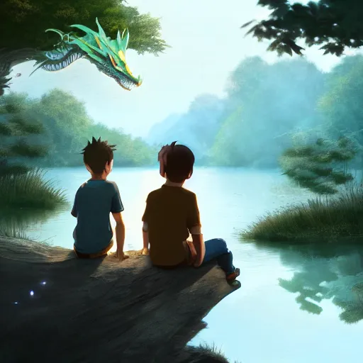 Image similar to a silver dragon and a boy sitting together next to a lake watching firefly at night in forest, concept art, dof, cryengine, digital art, detailed background, makoto shinkai