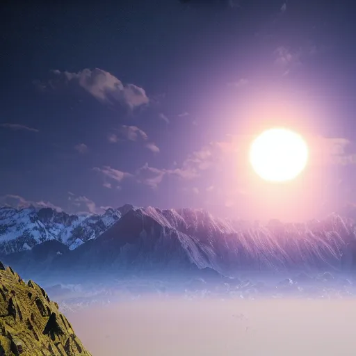 Prompt: small solar eclipse above mountains, highly detailed, photorealistic shot, bright studio setting, studio lighting, crisp quality and light reflections, unreal engine 5 quality render