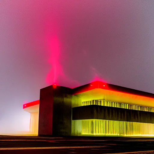 Prompt: ominous Brutalism structure. nighttime. red light. creepy fog.