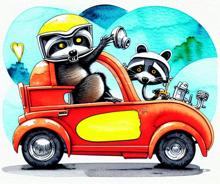 Prompt: cute and funny, racoon wearing a helmet riding in a tiny hot rod with oversized engine, ratfink style by ed roth, centered award winning watercolor pen illustration, isometric illustration by chihiro iwasaki, edited by range murata, tiny details by artgerm and watercolor girl, symmetrically isometrically centered and in focus