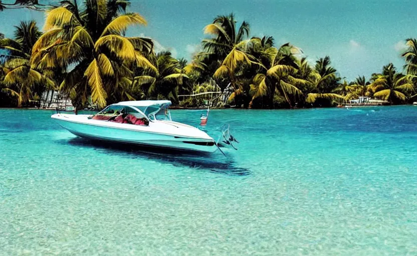 Image similar to photorealistic picture of a sport boat driving in turquoise water. miami. 8 0's style