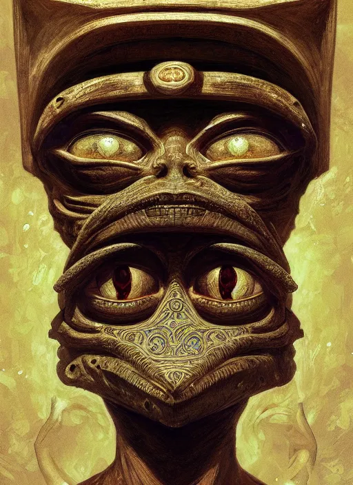 Image similar to 4 chan pepe, ancient egyptian god kek, sad, portrait, intricate, elegant, highly detailed, digital painting, artstation, concept art, wallpaper, smooth, sharp focus, illustration, art by h. r. giger and artgerm and greg rutkowski and alphonse mucha