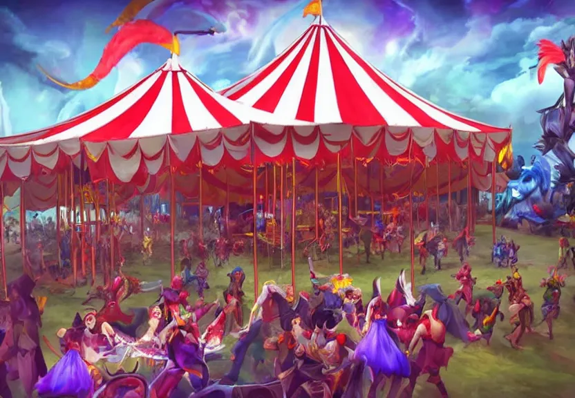 Image similar to a circus tent in an evil carnival in the style of league of legends