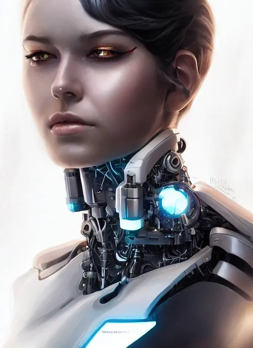 Image similar to portrait of a cyborg woman who turns her head to the ((((((right))))) left+150 (((((up))))) (((((down))))) by Artgerm,eyes closed , biomechanical, hyper detailled, trending on artstation