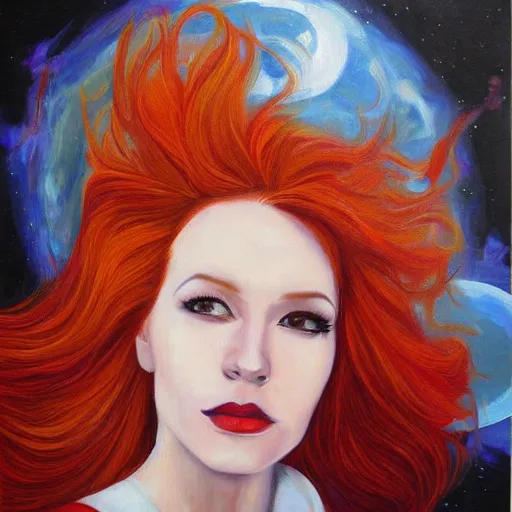 Image similar to redhead fashion model astronaut portrait, realism oil painting