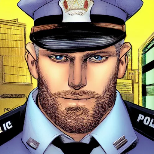 Image similar to portrait of a blonde pale police officer with short hair and a patchy beard, close up, grimy streets backdrop, detailed, art by russell dauterman and patrick gleason and stefano caselli and marco checchetto and esad ribic