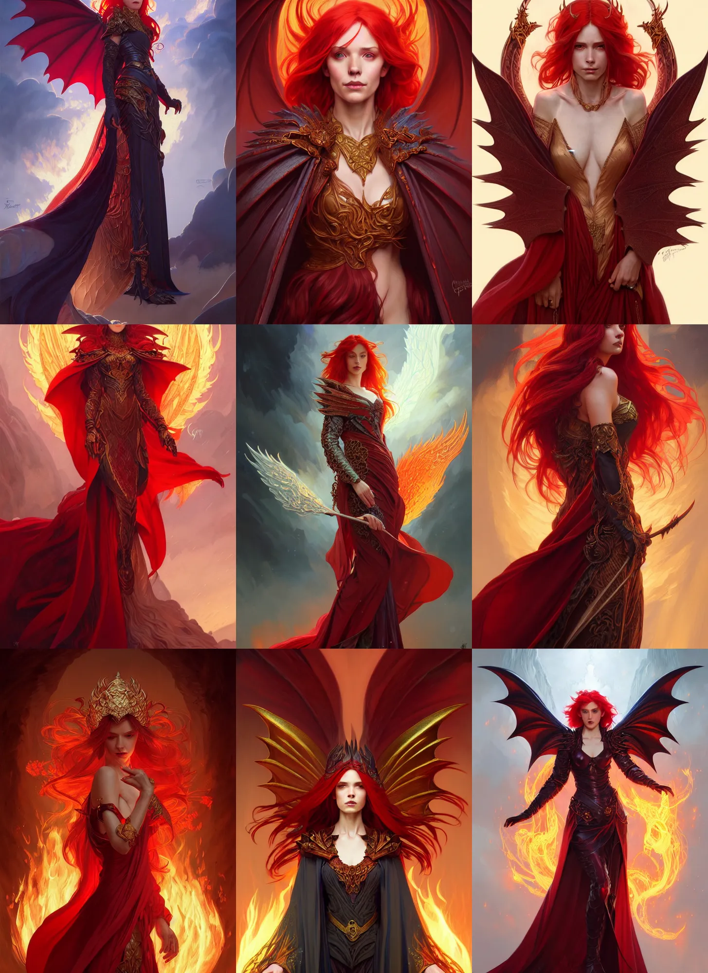Prompt: portrait of experienced sorceress, dragon winged cloak, red hair, fantasy, fire!! full body, intricate, elegant, highly detailed, digital painting, artstation, concept art, smooth, sharp focus, illustration, art by artgerm and greg rutkowski and alphonse mucha