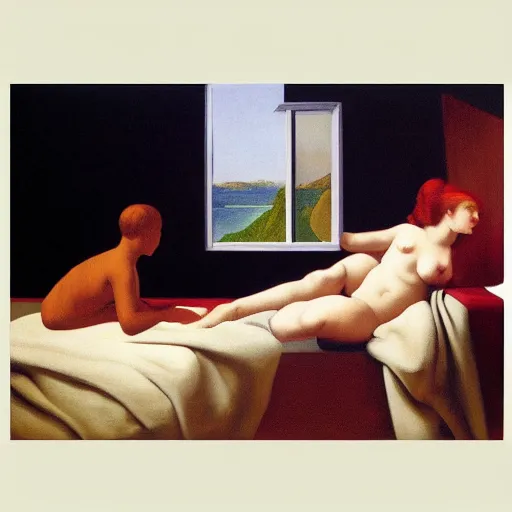 Prompt: waking up from a fever dream by Raphael, Hopper, and Rene Magritte. detailed, romantic, enchanting, trending on artstation.