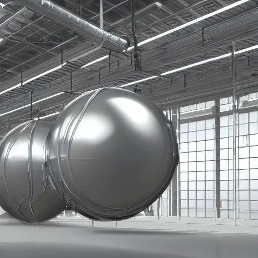 Image similar to big metallic capsule connected to pipelines, purpose is pump, standing in large industrial hall, designed by best engineers, raytracing, reflections