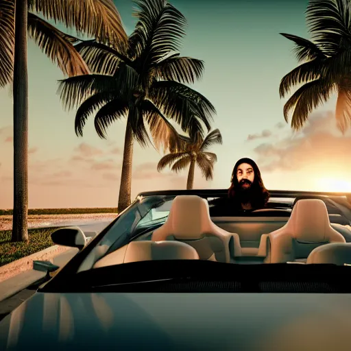 Prompt: jesus christ joyriding in miami in a convertable, dslr, award winning, 8 k, octane beautifully detailed render, warm mood, 1 0 mm, cinematic lighting, detailed photo, masterpiece, volumetric lighting, ultra realistic, highly detailed, high quality, lossless, photorealistic, sharp focus, hd