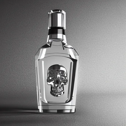 Image similar to crystal skull cologne bottle, clear liquid, with silver runes on it, photorealistic, product photography, 3D