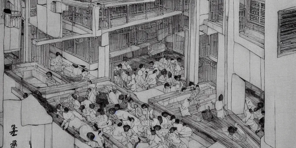 Prompt: a chinese prison by a river, in the style of junji ito, parts by edward hopper, parts by rodcenko, parts by yue minjun, parts by peter doig, intricate and epic composition, qing dynasty, 4 k, very detailed, insanely quality, line brush, highly detailed, masterpiece, overlaid with chinese adverts