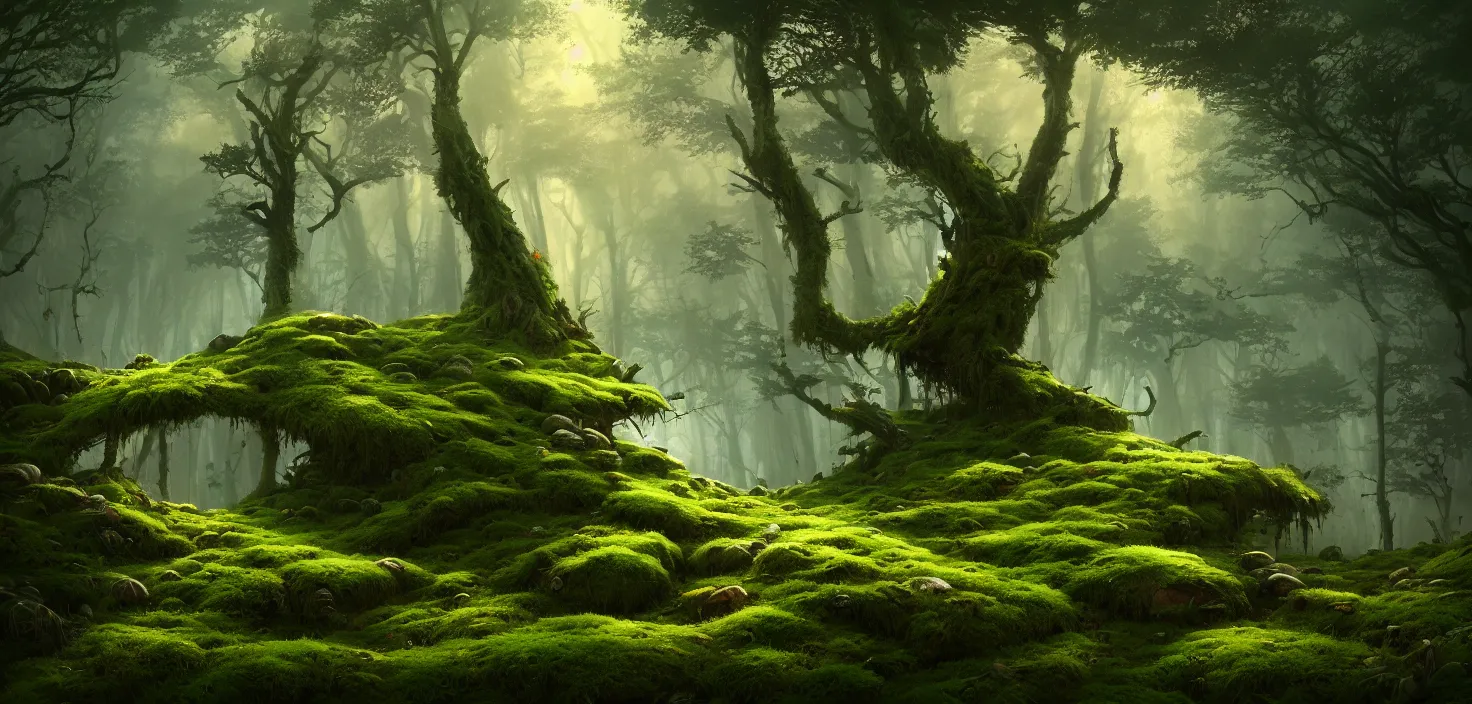 Image similar to random forest landscape, moss, incredible, vector art, octane render, fabulous, hyper detailed, random cinematic view, no noise, global illumination, warm lighting, volumetric, godrays, vivid, beautiful, style jordan grimmer and toni infante